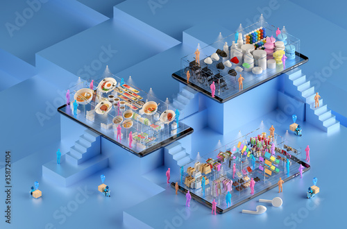mall shopping online and delivery on smartphone applications. people buy goods at a convenience store. the crowd chooses the menu at the restaurant. pharmacy shop on a mobile phone. 3d illustrator.