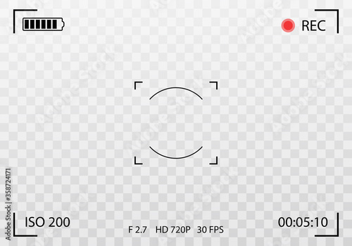 Vector Black transparent camera rec interface viewfinder with digital focus and exposure settings. Screen photography frame. Focusing screen zoom, battery status, video quality, Image stabilization.