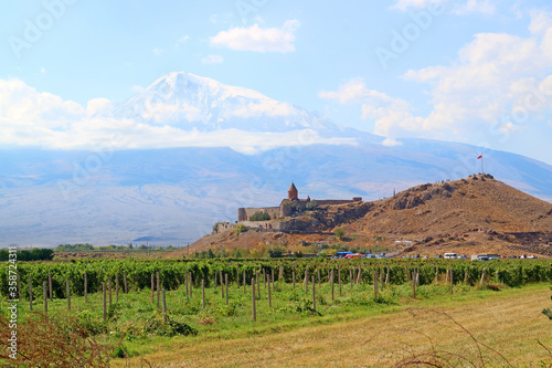Historical Khor Virap Monastery against Snow Covered Ararat Mountain with a Vineyard in Foreground, Artashat, Armenia