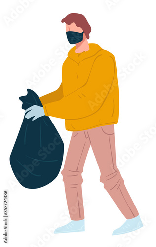 Man throwing trash, male wearing gloves and mask