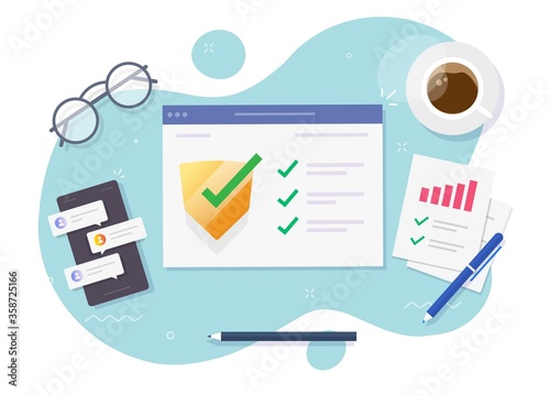 Secure safety online guard technology vector or security verification digital check software for internet website anti virus web protection, fraud spy test scan pc checklist inspection analysis