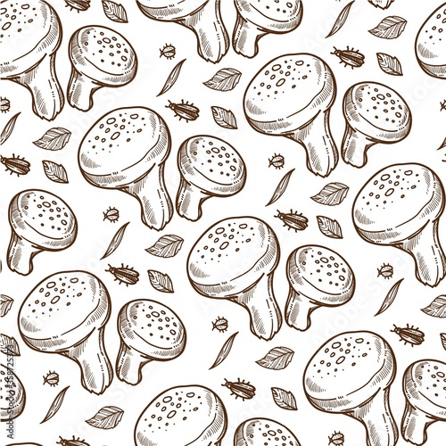 Matsutake mushroom and leaves, bugs seamless pattern vector