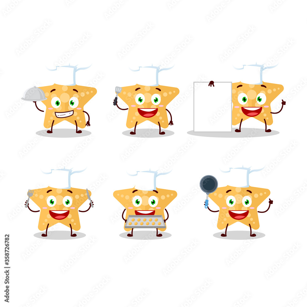 Cartoon character of yellow starfish with various chef emoticons