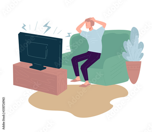 Worried man watching tv at home, panic and stress