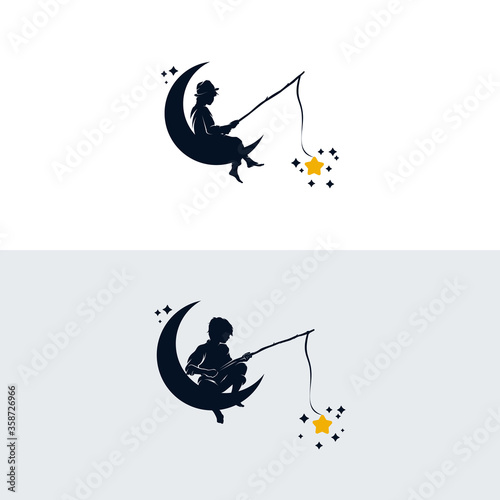Set of kid fishing in the moon logo design template
