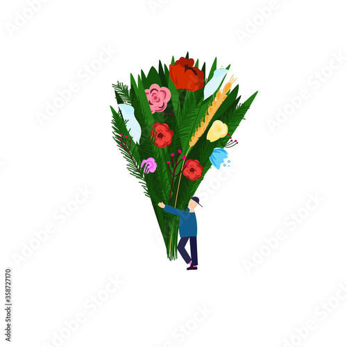 Cartoon boy oy gives a bouquet of flowers