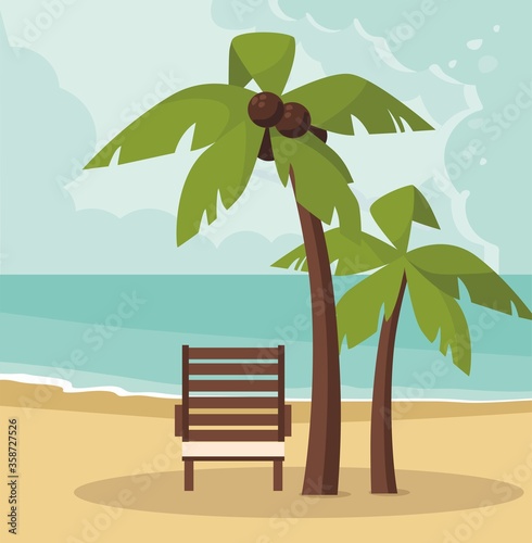Tropical sand beach with coco palms and chaise lounge.