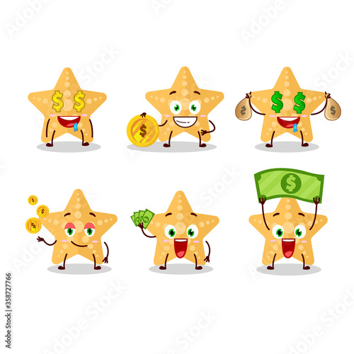 Yellow starfish cartoon character with cute emoticon bring money