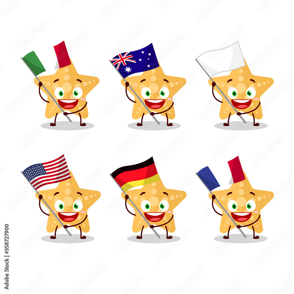 Yellow starfish cartoon character bring the flags of various countries Yellow starfish cartoon character bring the flags of various countries