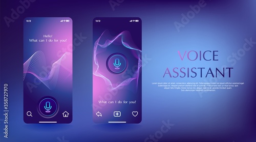 Smart voice assistant mobile app concept. Screenshot digital phone control device and voice command. AI home via wireless connection. Smartphone screen technology remote template. Vector illustration.