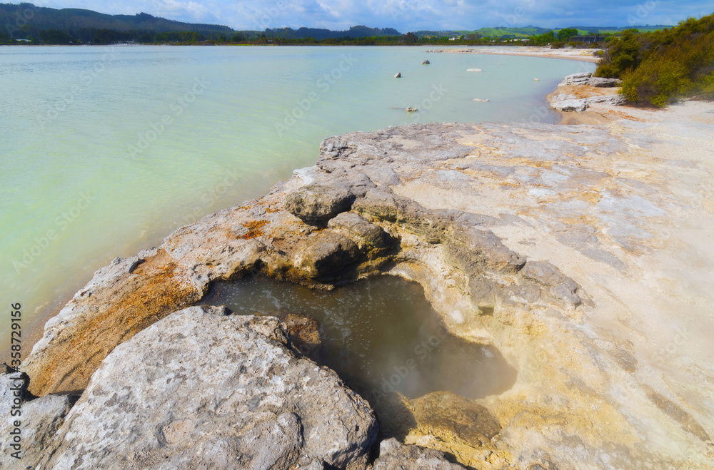 Landscape Scenery of Sulphur Point at Lake Rotorua, New Zealand; Geothermal Activity Pools and Stream