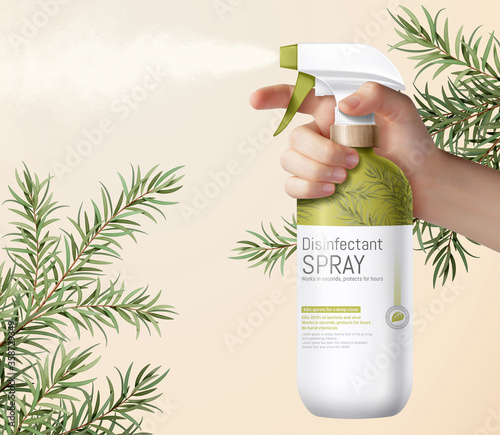 Hand holding a disinfectant spray
