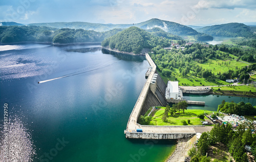 The Solina Dam aerial view, largest dam in Poland located on lake Solina. Hydroelectric power plant in Solina of Lesko County in the Bieszczady Mountains area of south-eastern Poland.