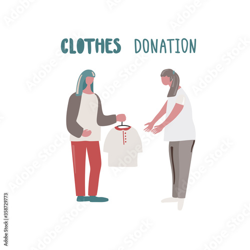 Girl donates clothes to another girl.