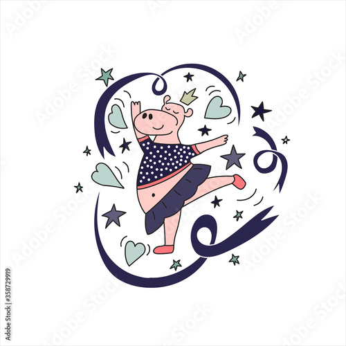 Hippo ballerina dancing with ribbons.