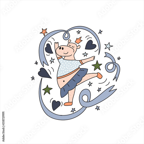 Hippo ballerina dancing with ribbons.