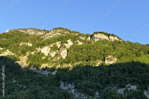 Forested mountain range of the Pre-Alps along the main valley in the canton of Glarus, Switzerland