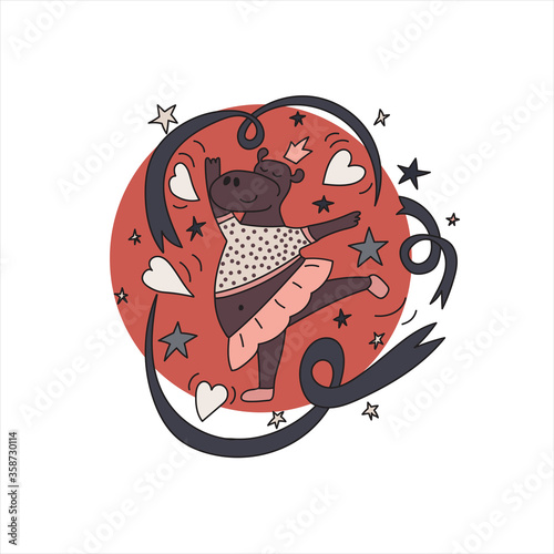 Hippo ballerina dancing with ribbons.