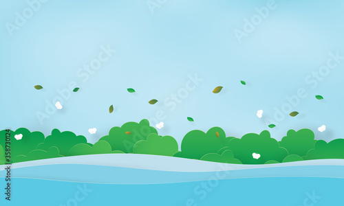 The river and green bushes with butterfly, Summer time