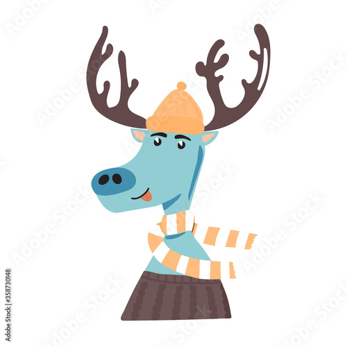 Cheerful deer in a cap, sweater and scarf.