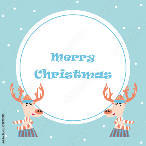 Cheerful deer in a cap, sweater and scarf.