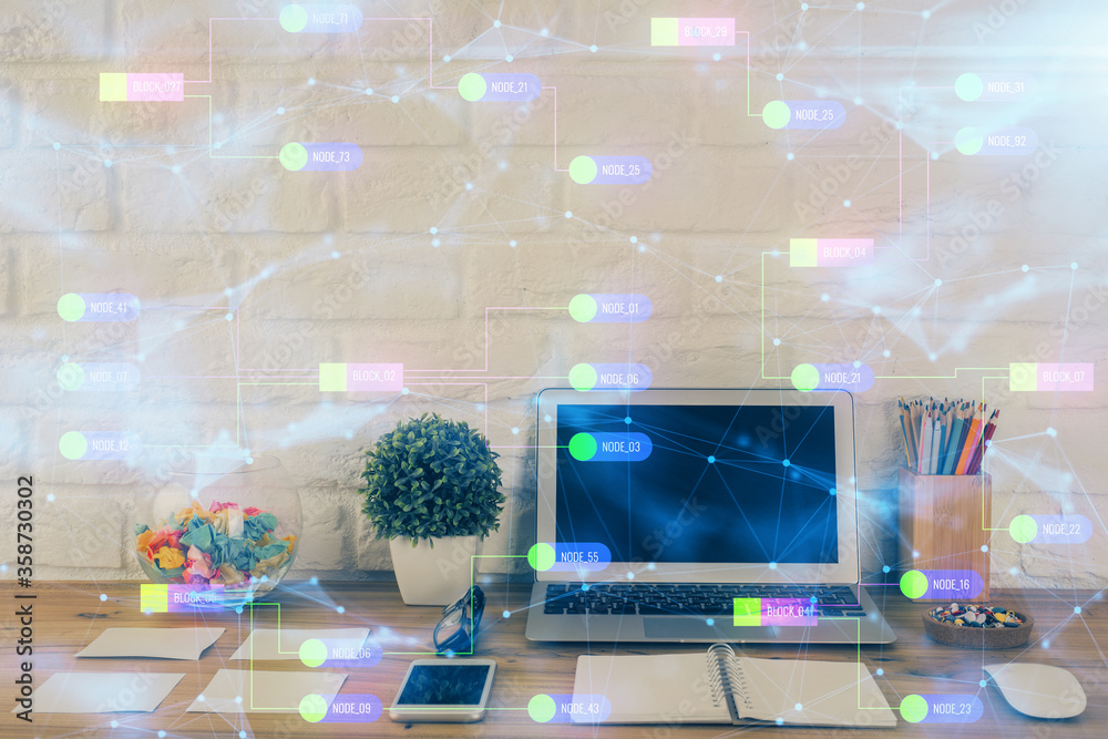 Multi exposure of desktop with personal computer and tech theme drawing. Concept of Bigdata. Multi exposure of desktop with personal computer and tech theme drawing. Concept of Bigdata.
