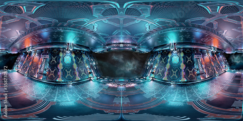 High resolution HDRI panoramic view of a spaceship interior. 360 panorama reflection mapping of a futuristic spacecraft room 3D rendering