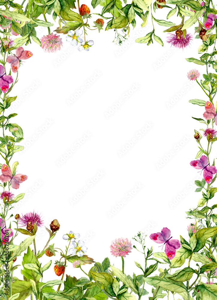 Fototapeta premium Butterflies in meadow grass. Floral watercolor frame