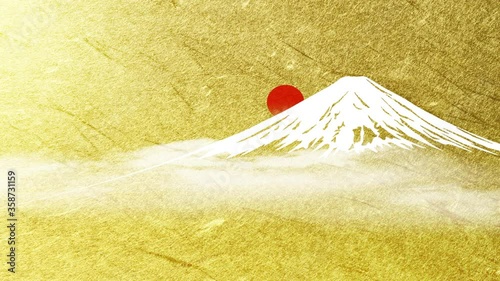 富士山と日の出（背景は金色の背景）
