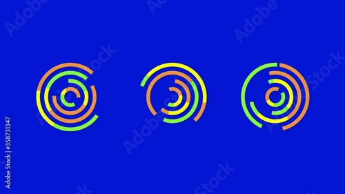 3 doughnut charts loop animation of data change on blue background