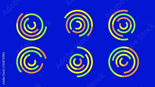 6 individually animated doughnut charts loop of data change on blue background