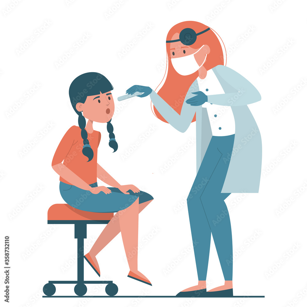 Doctor checking patients throat vector isolated. Otolaryngology, flu illness. Patient in the hospital. Examination of child. Doctor checking patients throat vector isolated. Otolaryngology, flu illness. Patient in the hospital. Examination of child.
