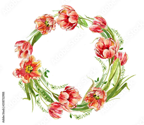 Fototapeta Naklejka Na Ścianę i Meble -  Romantic wreath of red tulips on a white background, watercolor drawing.