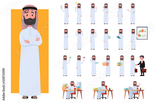 Diverse set of Arab man on white background. Muslim businessman with gadgets in flat design people characters.