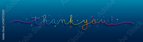 THANK YOU! rainbow vector monoline calligraphy banner with colorful confetti on dark blue background