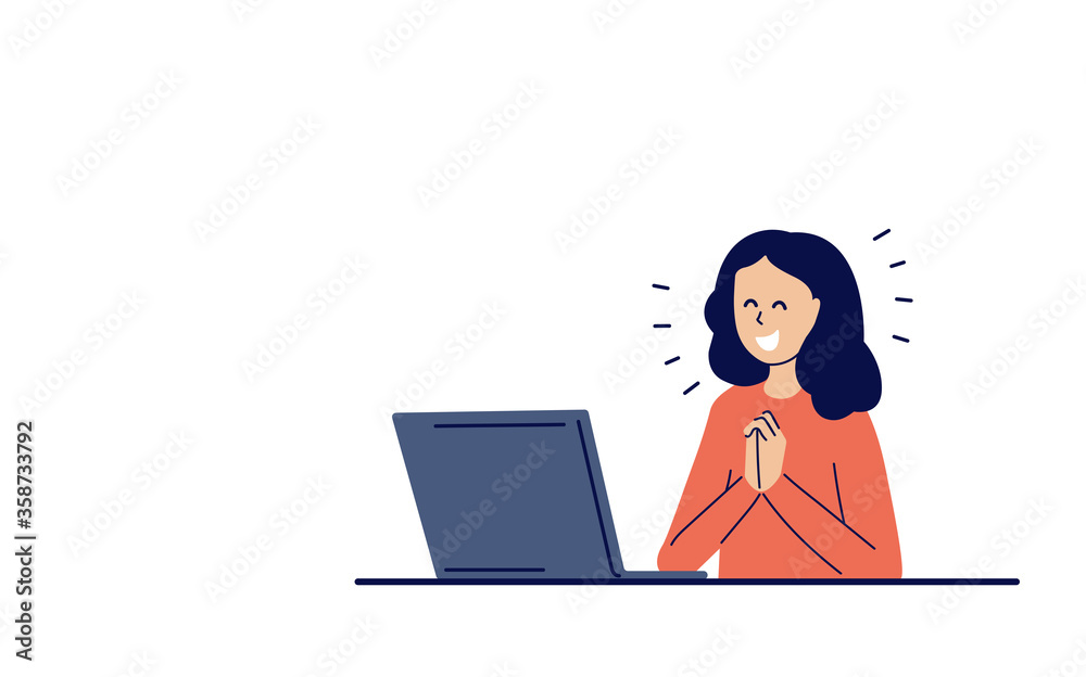 Happy smiling young woman, girl watching news. Social network. Working on laptop. Website template design. Modern vector illustration concept of web page. Website and mobile app development. Happy smiling young woman, girl watching news. Social network. Working on laptop. Website template design. Modern vector illustration concept of web page. Website and mobile app development.