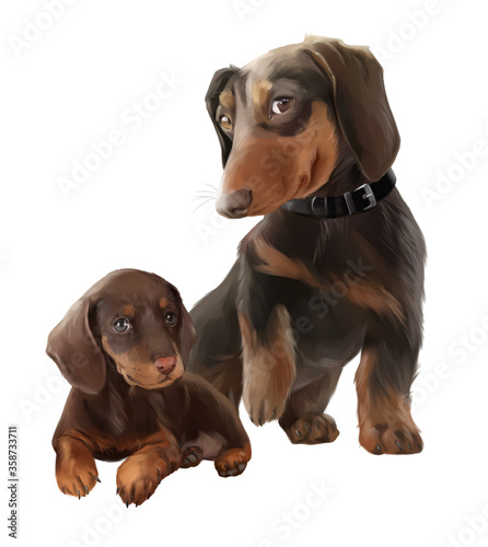 Fototapeta Naklejka Na Ścianę i Meble -  A brown Dachshund and her puppy. Watercolor drawing