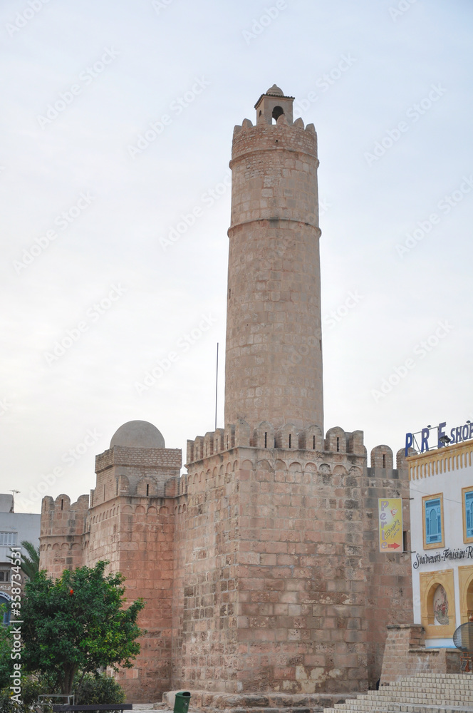 Sousse, TUNISIA - February 02, 2009: Ribat (Aghlabid style) - southeast corner of exterior wall with a cylindrical watch tower.