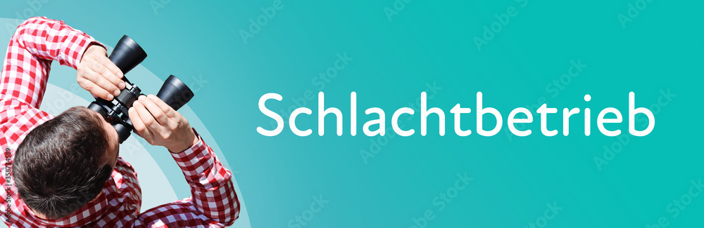 Naklejka premium Schlachtbetrieb. Mann mit Fernglas aus Vogelperspektive. Beobachtung, Draufsicht, Panorama. Business Text auf blau. Statistik, Wirtschaft