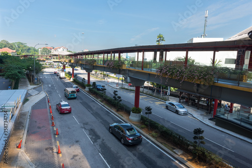 Kuala Lumpur, Federal Territory / Malaysia - February 15, 2017: Overhead pedestrian walking bridge adjacent to Sunway Putra Mall and Seri Pacific Hotel leads to nearby facilities.