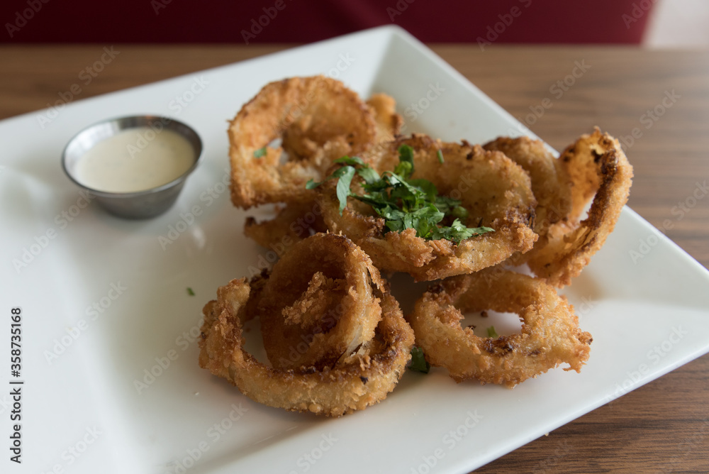 Kuala Lumpur, Federal Territory / Malaysia - February 24, 2017: A platter of deep fried onion ring with cuts of cilantro on top served in white square shape plate with side dip. Kuala Lumpur, Federal Territory / Malaysia - February 24, 2017: A platter of deep fried onion ring with cuts of cilantro on top served in white square shape plate with side dip.