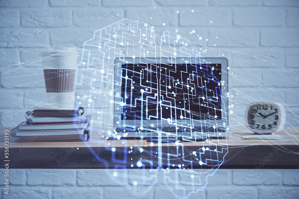 Double exposure of table with computer and brain hologram. Data innovation concept. Double exposure of table with computer and brain hologram. Data innovation concept.