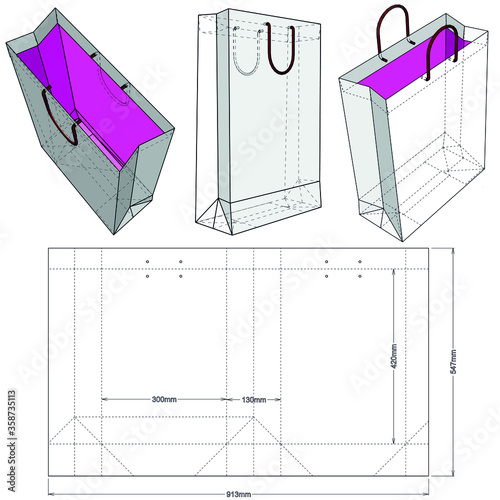 Shopping Bag and Die-cut Pattern. The .eps file is full scale and fully functional. Prepared for real cardboard production.