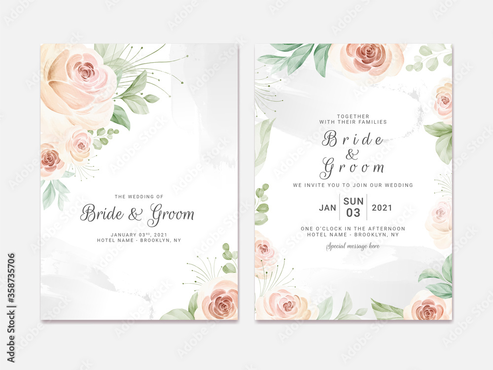 Wedding invitation template set with soft watercolor roses and eucalyptus. Botanic illustration for card composition design