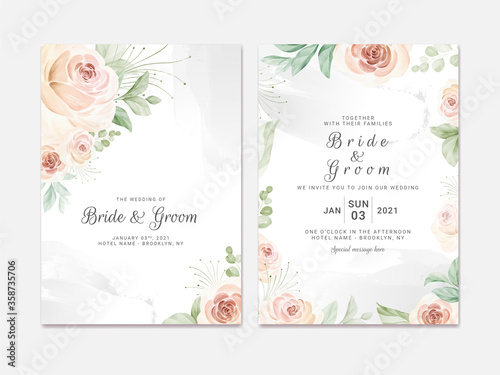 Wedding invitation template set with soft watercolor roses and eucalyptus. Botanic illustration for card composition design