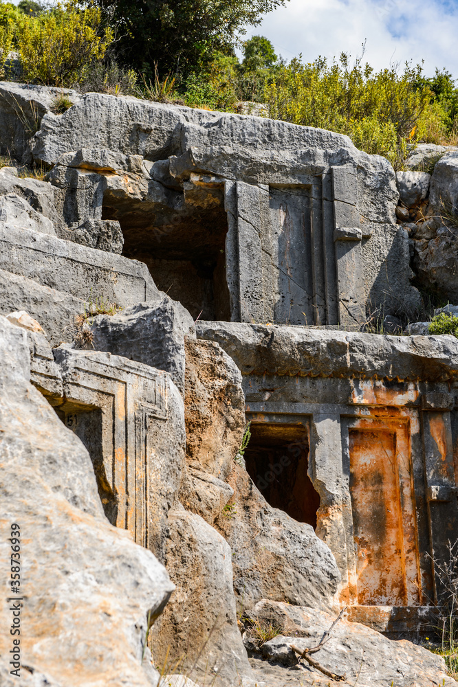 It's Tomb of the ancient cemetery, Limyra, Turkey. It's Tomb of the ancient cemetery, Limyra, Turkey.