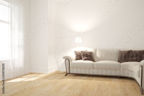 modern room with sofa,pillows,lamp and tulle interior design. 3D illustration