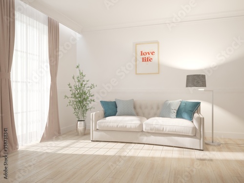 modern room with sofa pillows lamp plants and curtains interior design. 3D illustration