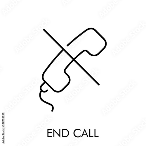 Icono plano lineal texto end call con auricular de teléfono con raya en color negro