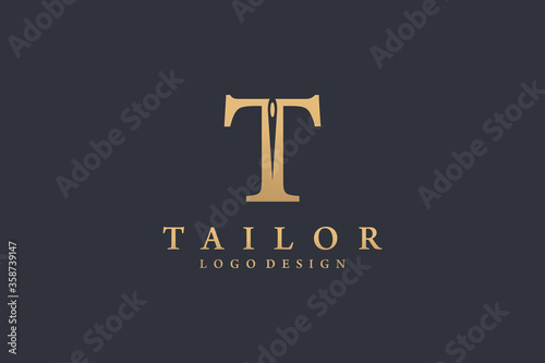 Initial Letter T Logo. Gold Shape Classic T Letter Calligraphy with Negative Space Needle inside isolated on Black Background. Usable for Tailor Logo. Flat Vector Logo Design Template Element.